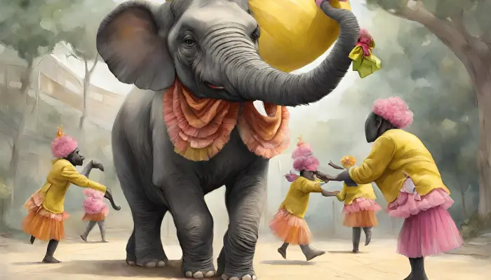 an elephant troupe in tutus plays hopscotch with a giant banana dall e prompt