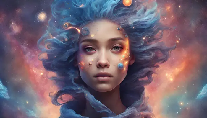 assemble an avatar of a cosmic traveler with nebulae for hair and swirling galaxies for eyes dall e avatar prompt