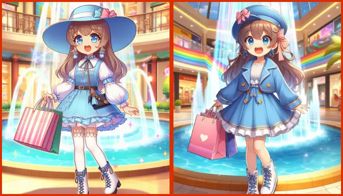 blue-dressed anime character at the mall