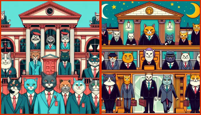 courthouse cartoon with humanoid cats