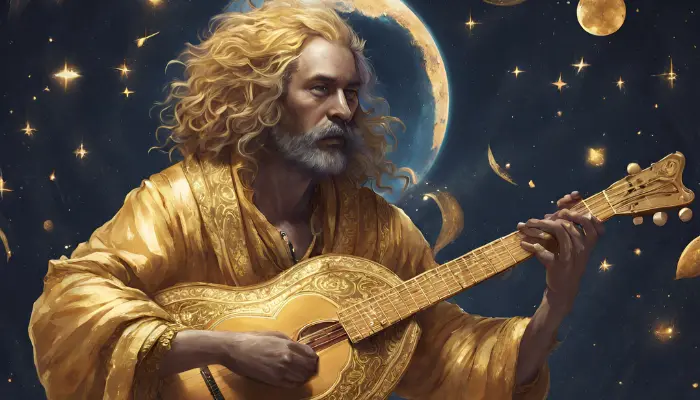 create a celestial bard avatar clad in gold stardust robes and strumming a lute beneath a sky filled with cosmic music prompt for dall e