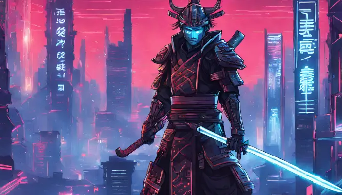 design an avatar of a cybernetic samurai set against a futuristic city skyline with glowing neon katanas and circuitry armor dall e prompts