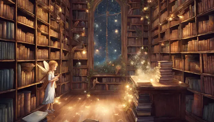 fairies dust the shelves while books come alive at night in a magical library dall e prompts