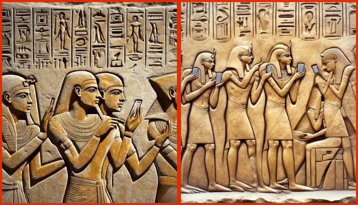 giza tablet depicting ancient egyptians using smartphones