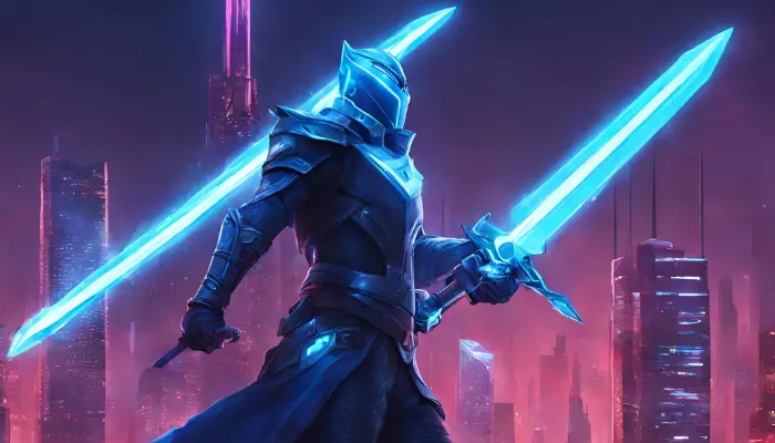 imagine a futuristic knight who stands guard atop a neon-lit skyscraper wielding an electric blue plasma sword dall e prompts