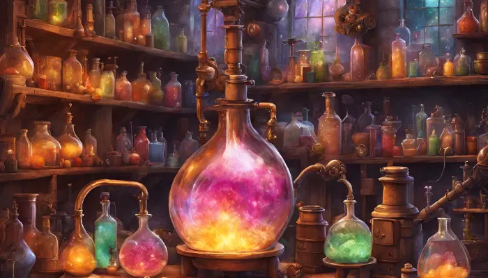 imagine yourself as an alchemist in an alchemy laboratory filled with magical gadgets and bubbling cauldrons filled with colorful potions dall e prompts