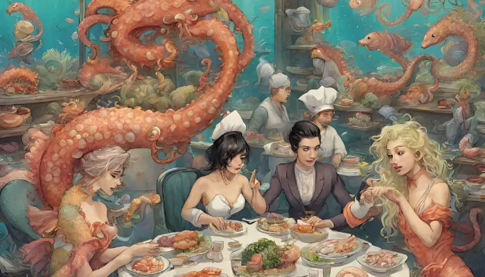 mermaids ride seahorses and serve sushi alongside octopus chefs in an underwater metropolis dall e prompts