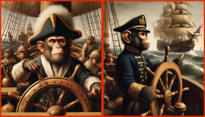 monkey in captain's uniform driving a ship, renaissance painting