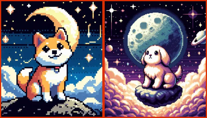 pixel dog in space with moon and stars