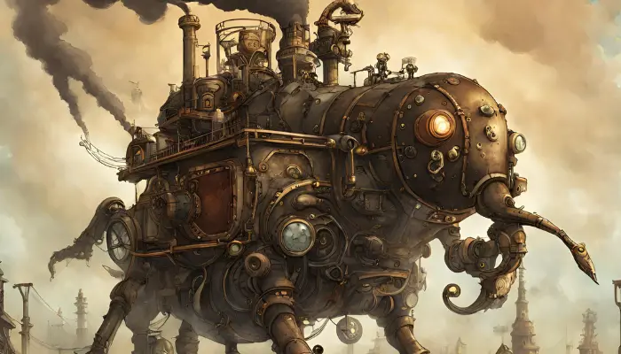 steampunk creatures and towering steam-powered beasts are roaming a mechanized wilderness in a steampunk world dall e prompts
