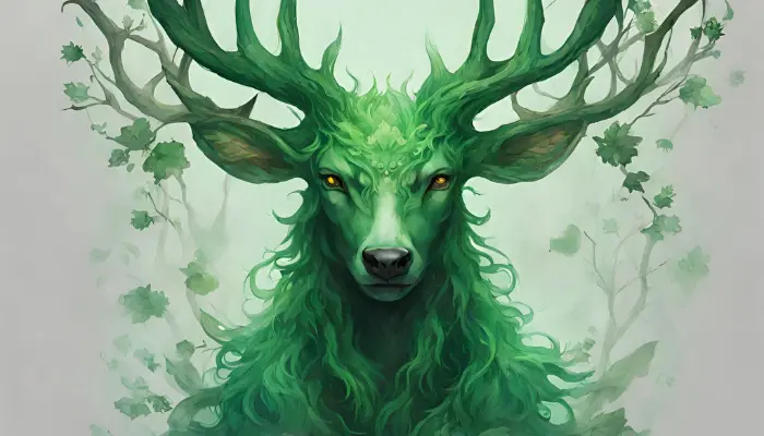 the emerald-green skin, blossoming antlers, and ethereal wisps of magic are the defining features of this mystical forest guardian dall e prompt