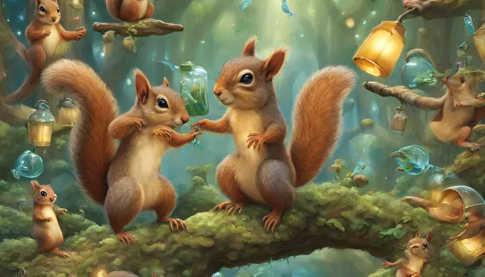 the enchanted forest has squirrels riding flying turtles and dancing watering cans prompt for dall e