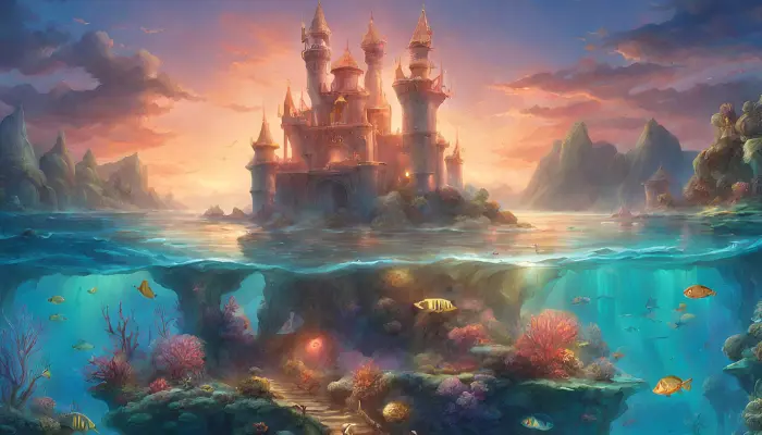 the mythical kingdom of the mermaid queen is filled with shimmering coral castles, bioluminescent fish and shimmering coral reefs dall e prompts