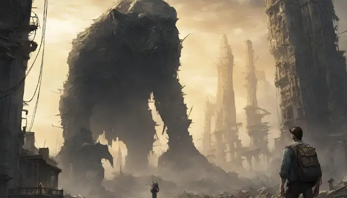 the story takes place in the ruins of a once-great city as a lone wanderer confronts a towering radioactive behemoth prompt for dall e