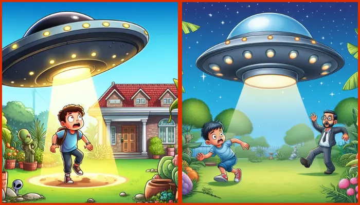ufo abducts a boy in his garden, cartoon style
