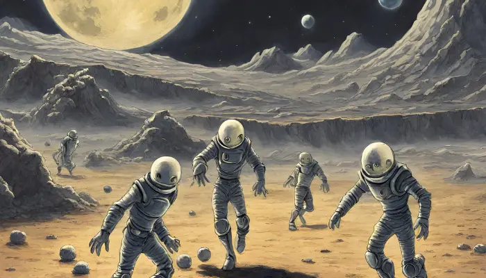 under a sky illuminated by earth’s light, aliens play soccer with moon rocks on a lunar colony dall e prompts