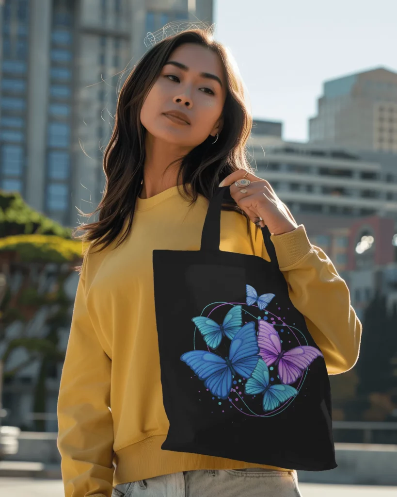 asian woman holding tote bag mockup design in right hand