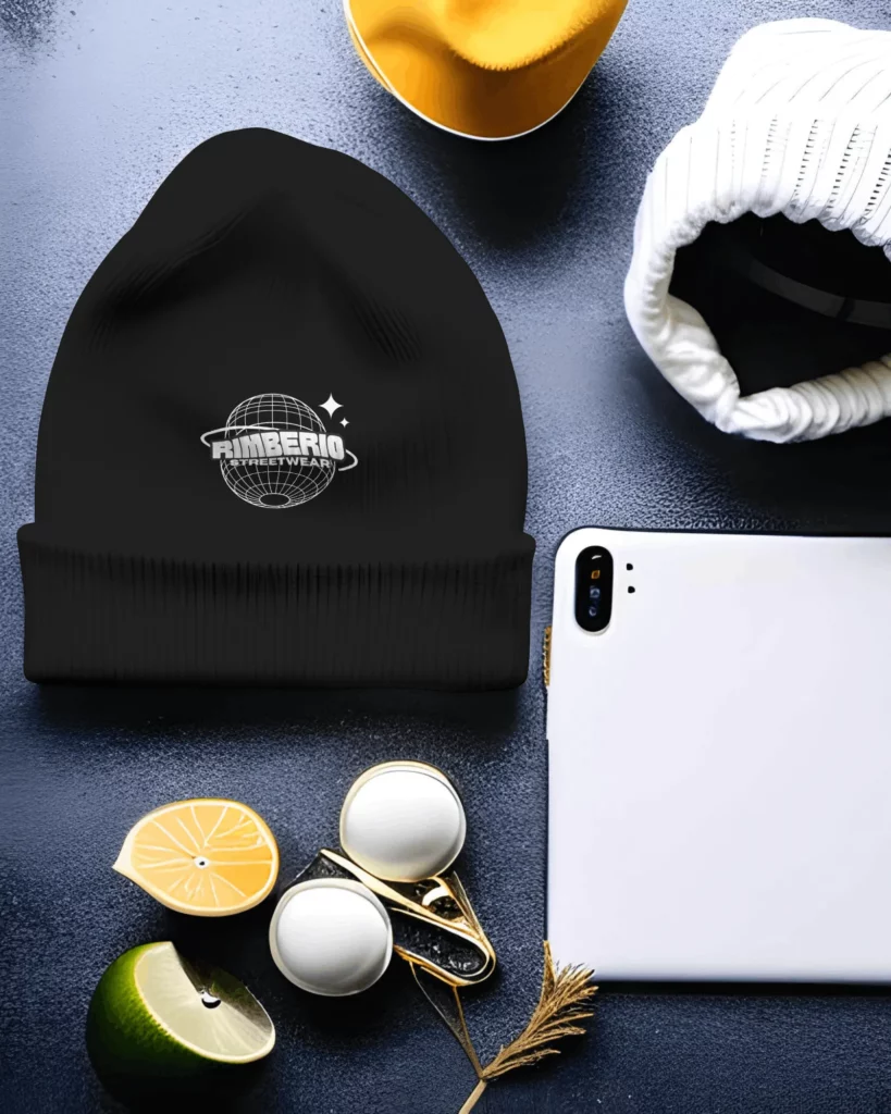 beanie mockup with tablet cap lemon in background