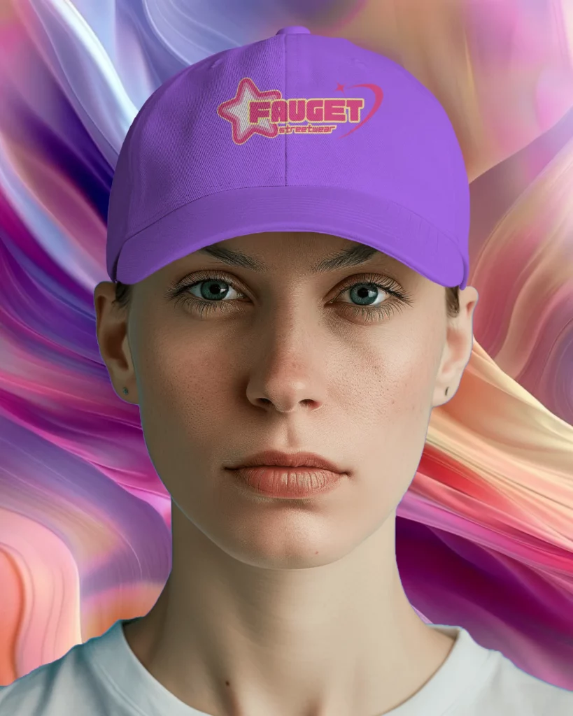 cap mockup on person head standing in front of blue screen 