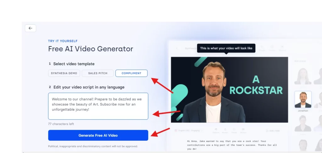 click on generate free ai video after selecting template and script