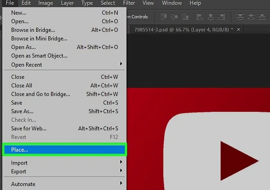 click on place to add an image for youtube thumbnail size photoshop