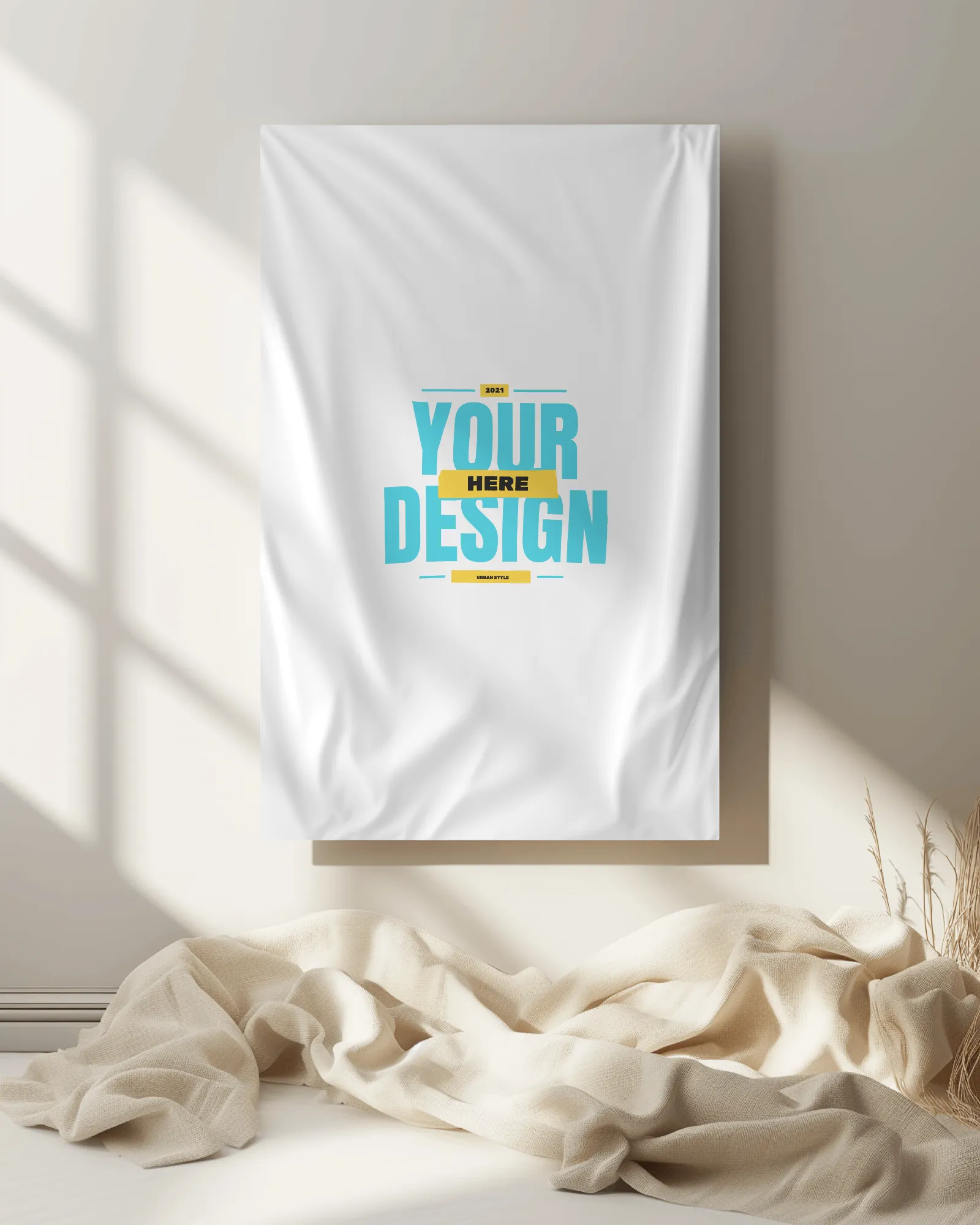cloth poster mockup in living room with sheet lying on floor