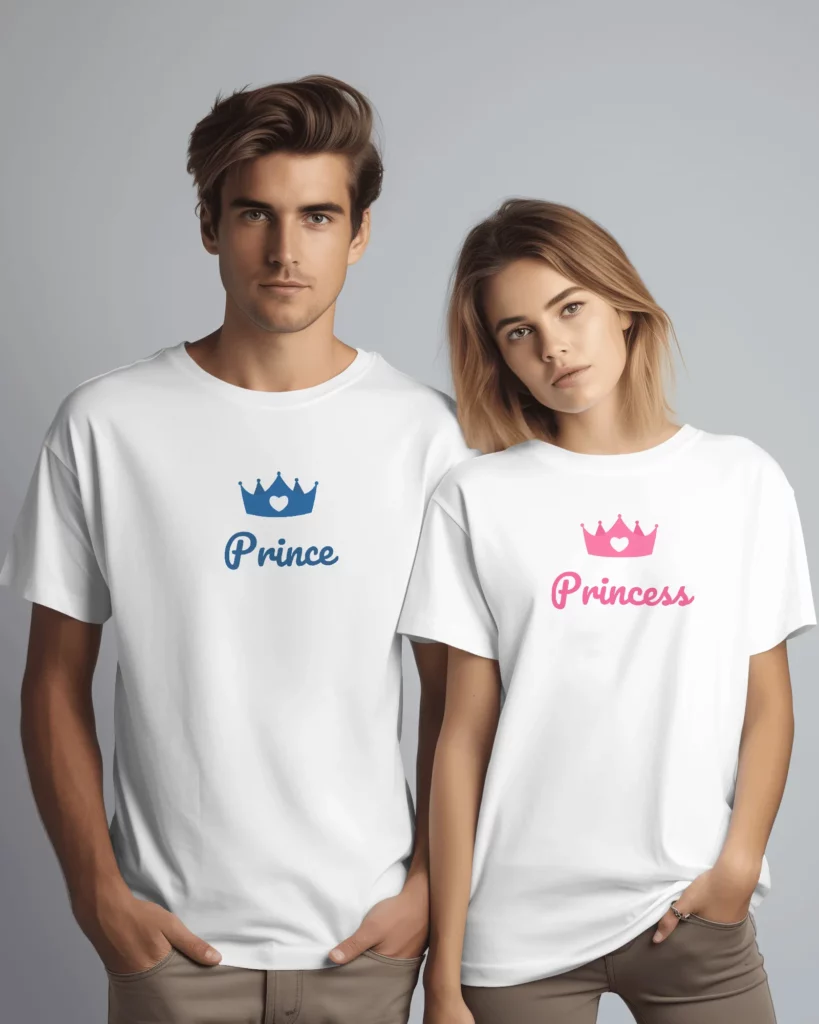 couple wearing mockup t-shirt during a photo shoot in front of white screen