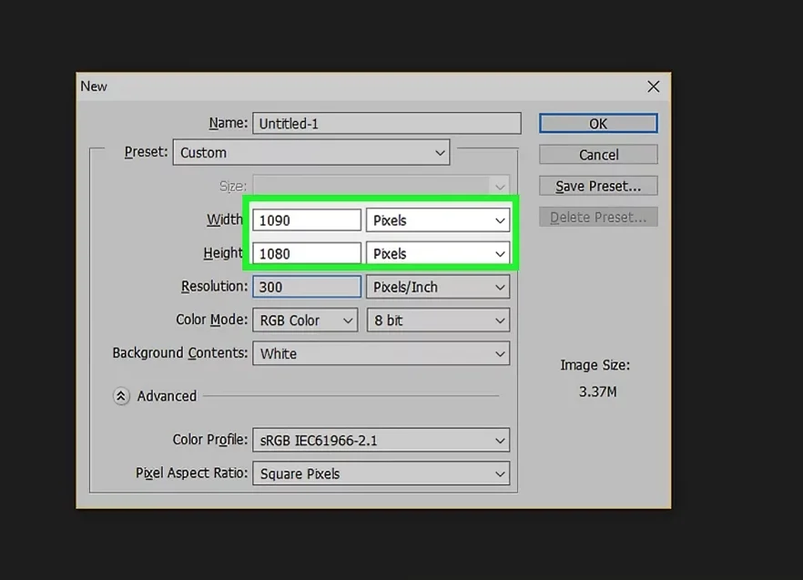 create a new photoshop document for youtube thumbnail size