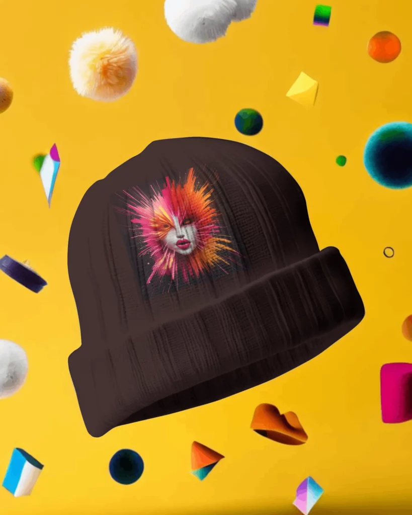 flying beanie mockup with abstract elements in the background 