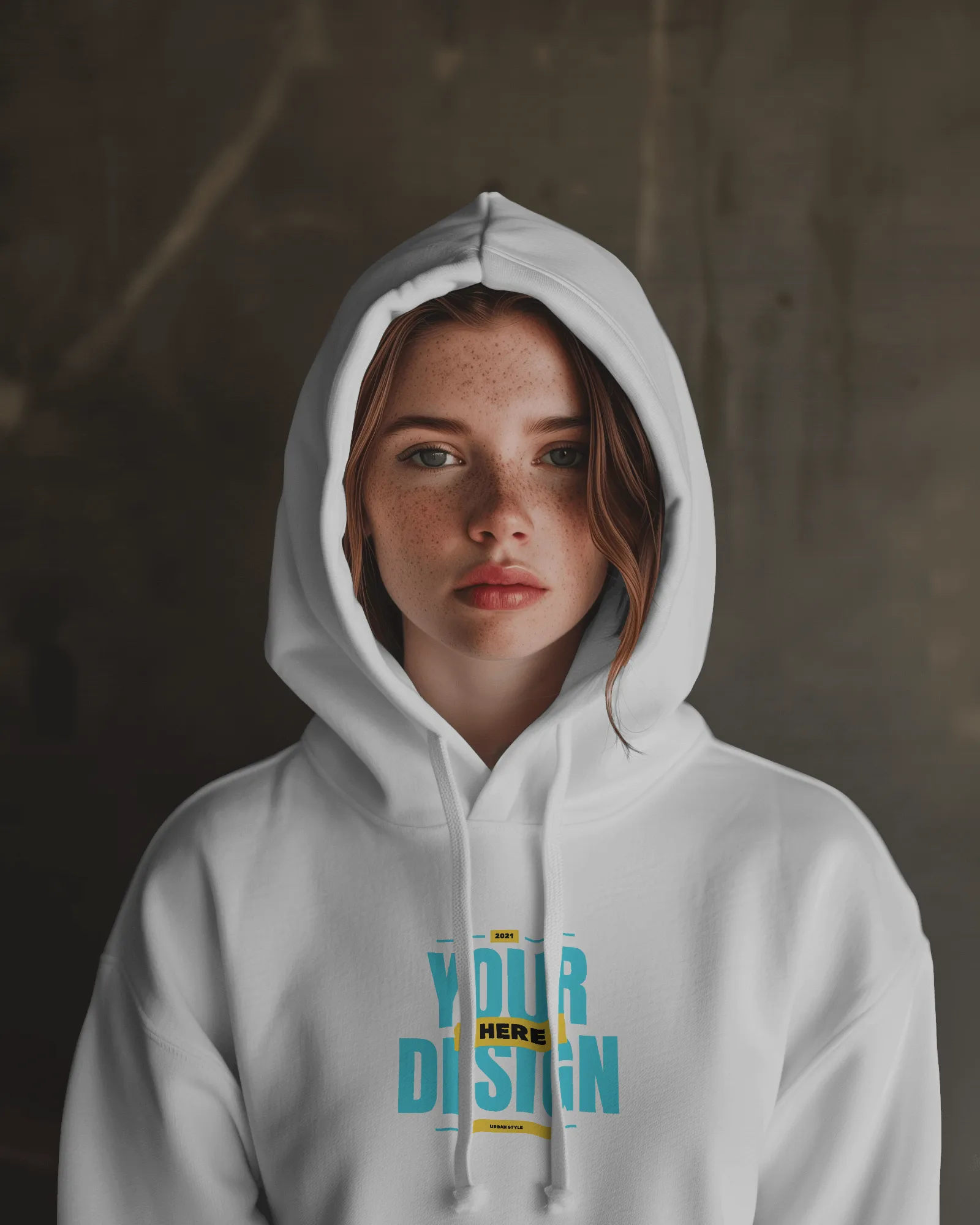 girl wearing hoodie mockup in front of brown screen