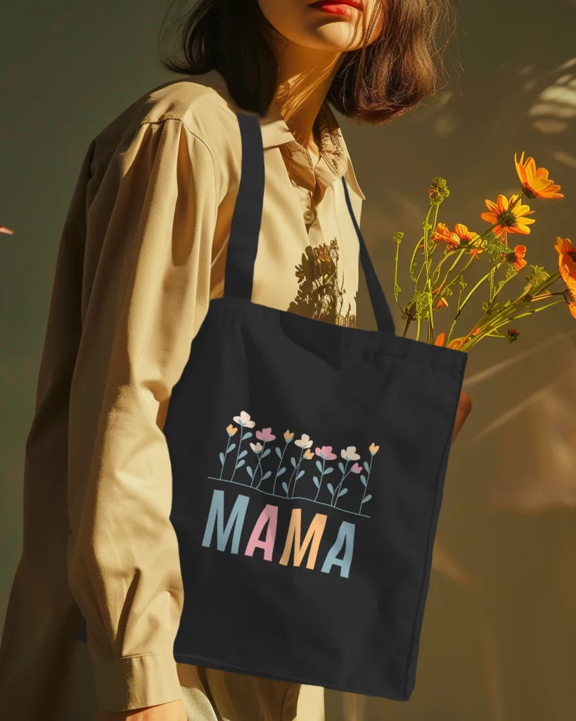 girl with flowers wearing tote bag mockup in neck scene