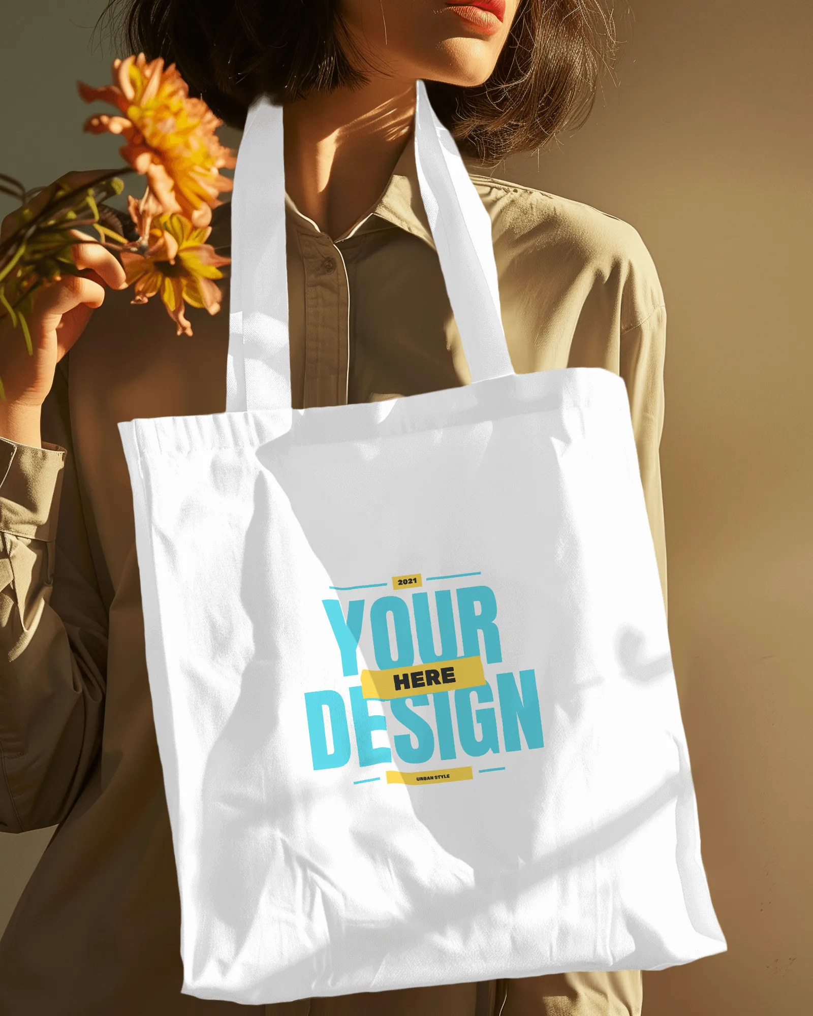 girl with flowers wearing tote bag mockup in neck scene