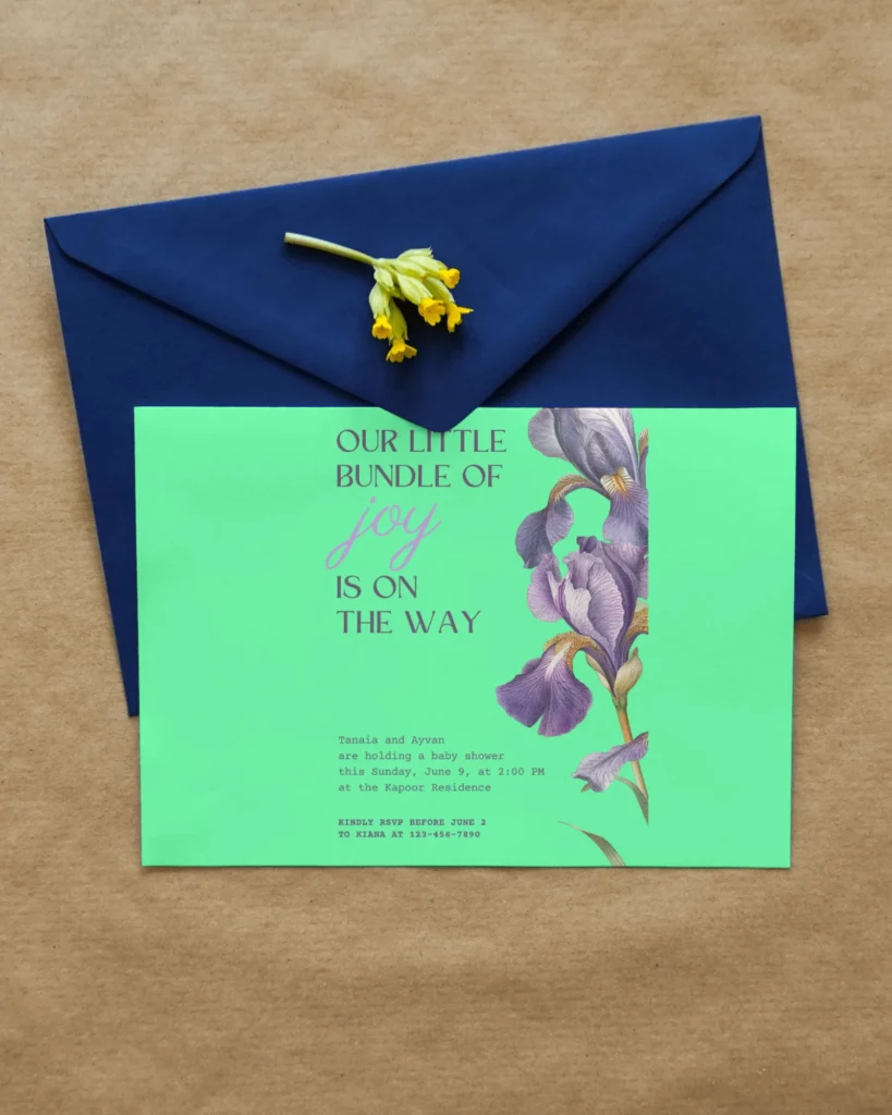 greeting card mockup enclosed in an envelope with flower lying on it 