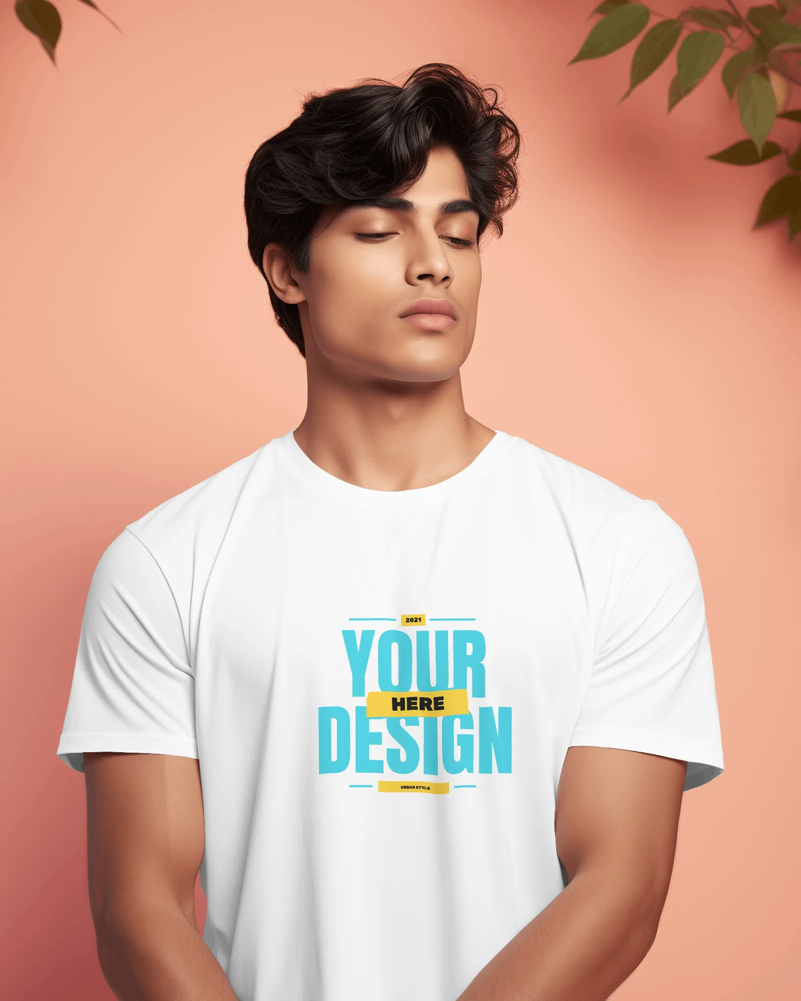 indian male model wearing white tshirt posing in front pink background 