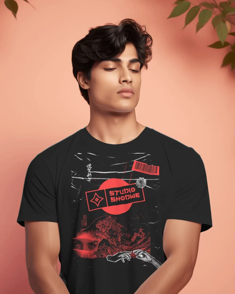 indian male model wearing black tshirt mockup posing in front pink background 