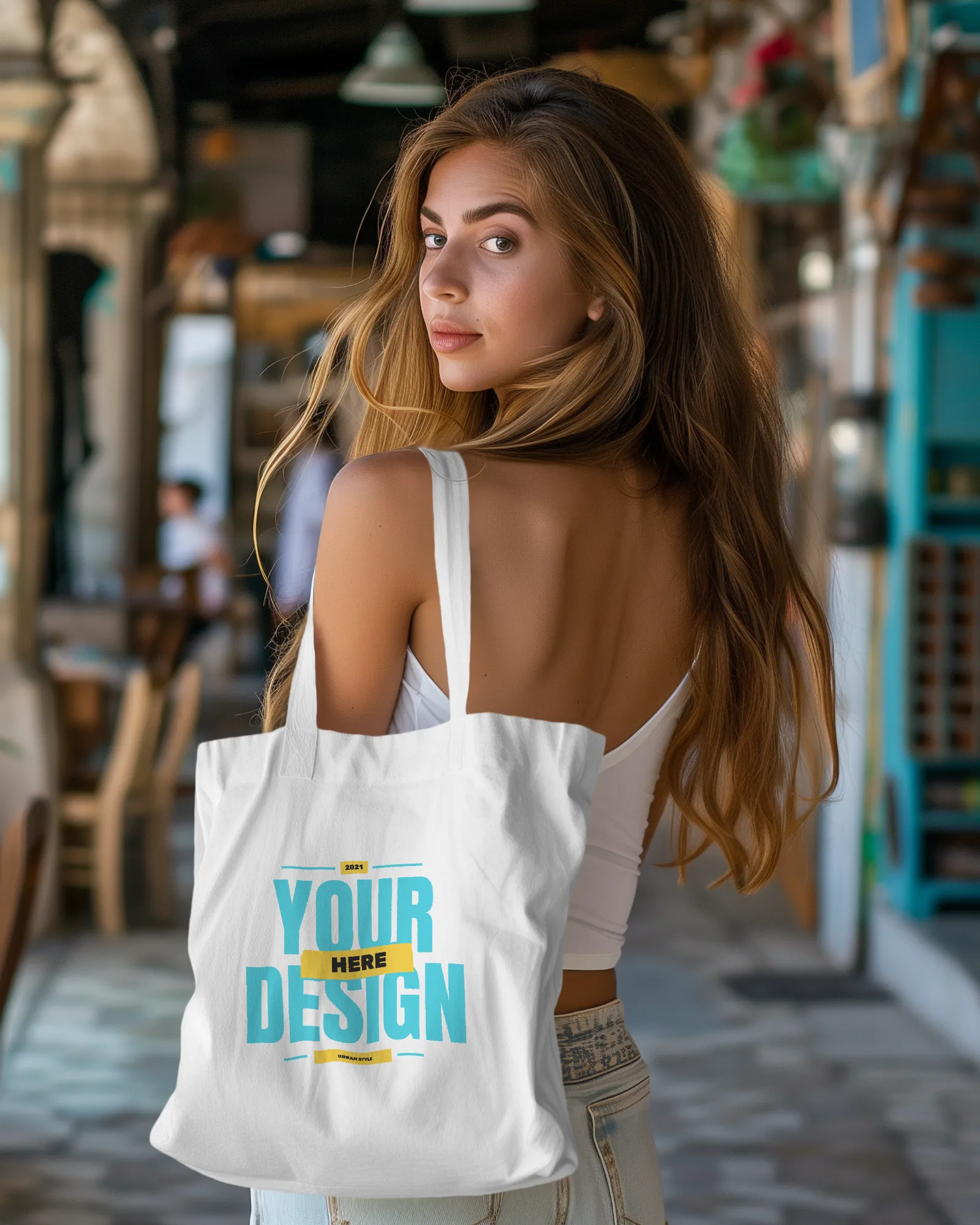 model looking back while holding tote bag mockup