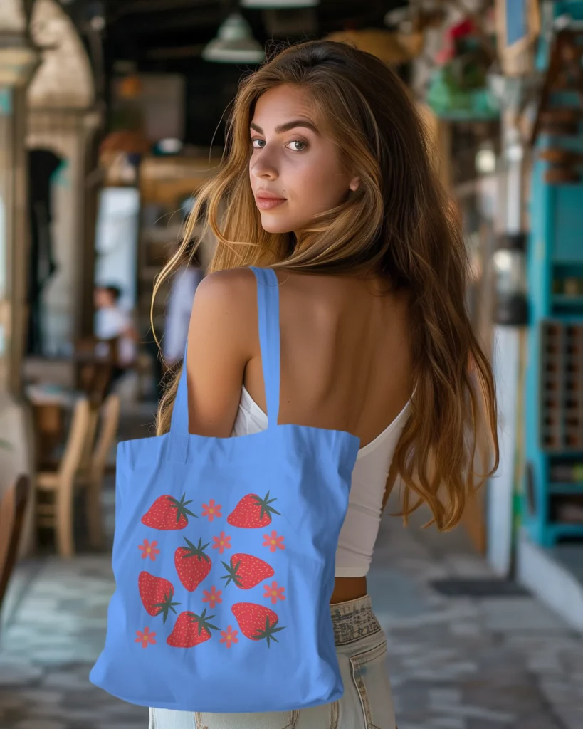 model looking back while holding tote bag mockup