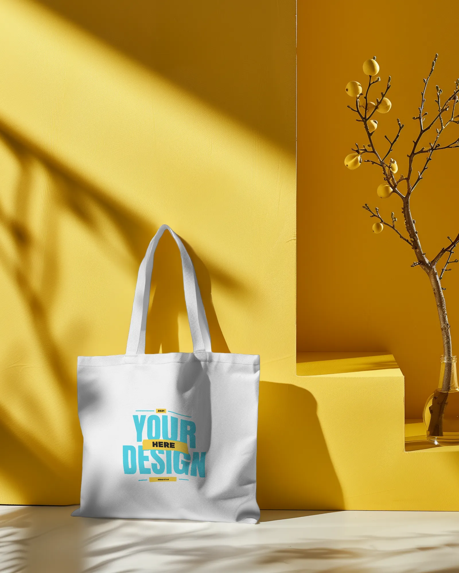 plain tote bag mockup in yellow subtle background 