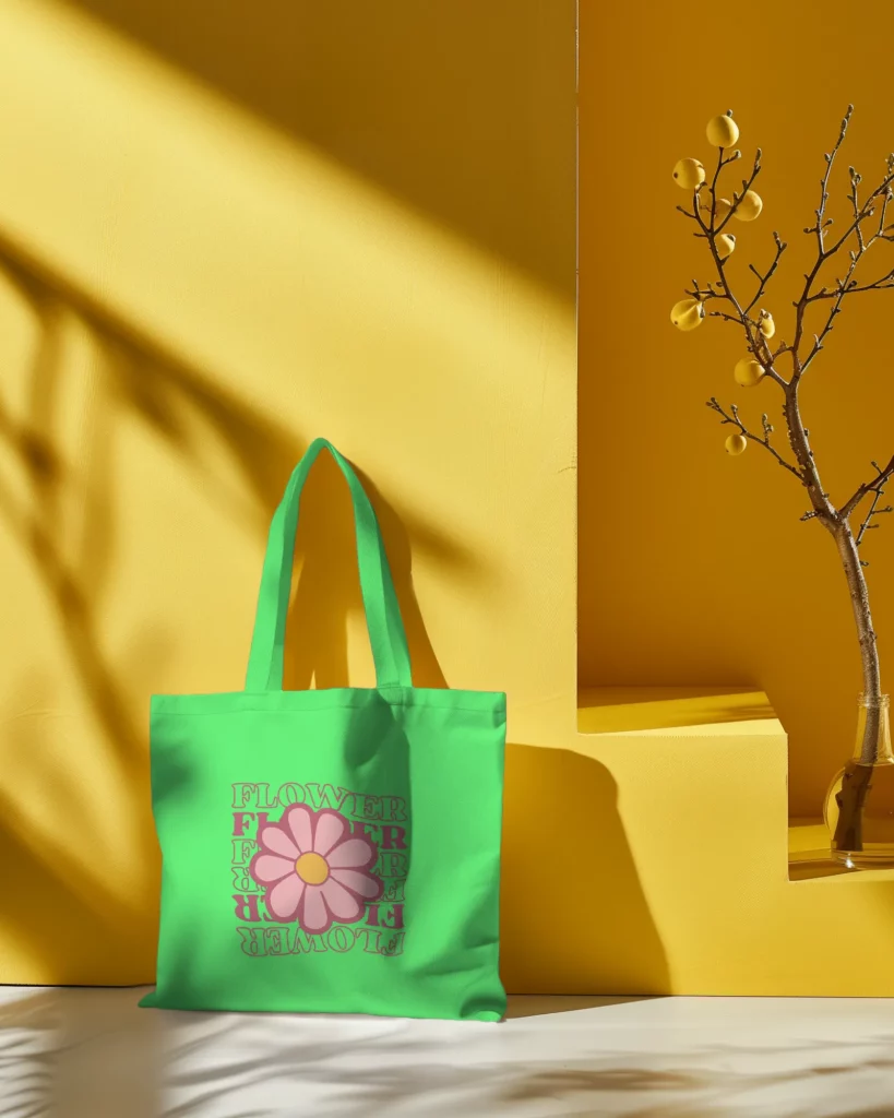 plain tote bag mockup in yellow subtle background