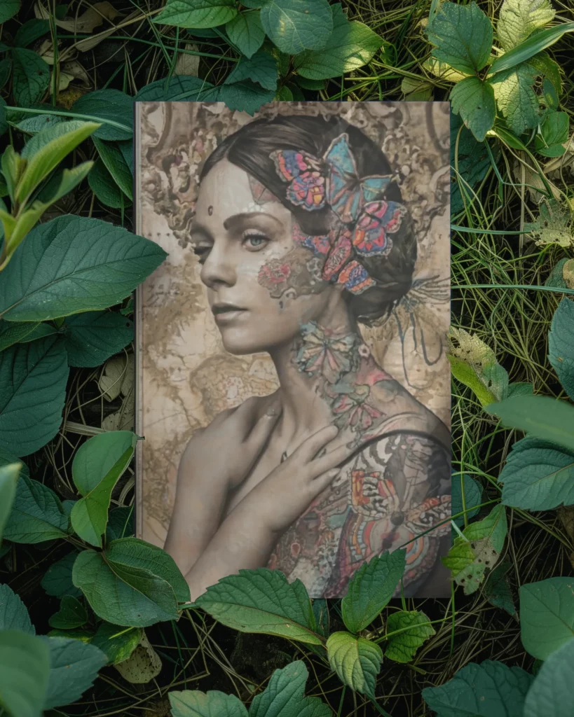 poster mockup in a garden with leaves coming on top of it