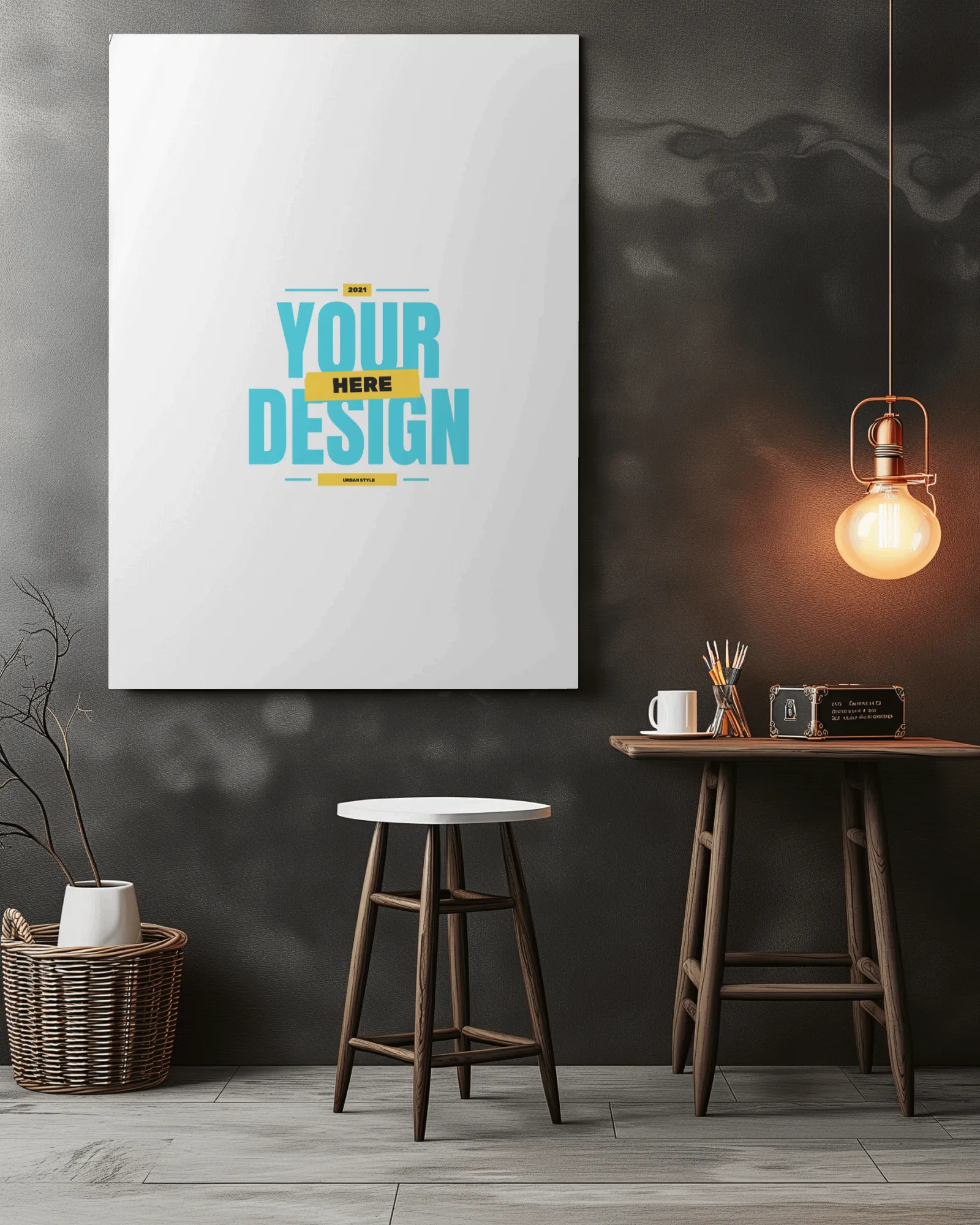 poster mockup on black wall with table and stool in room 