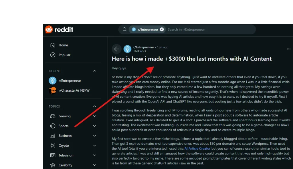 reddit user earned $3000 per month using ai content
