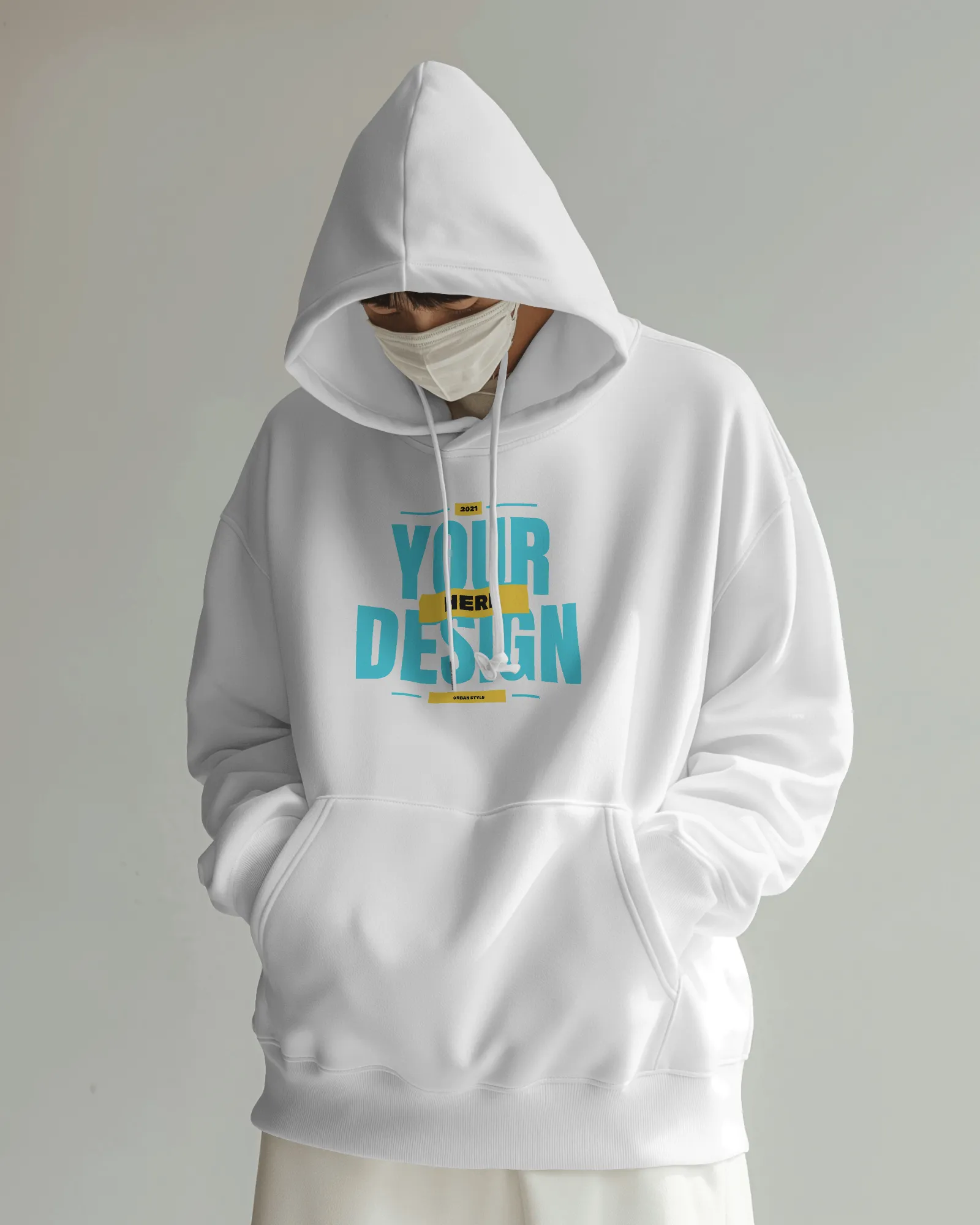 stylish hoodie mockup wore by a young man looking down