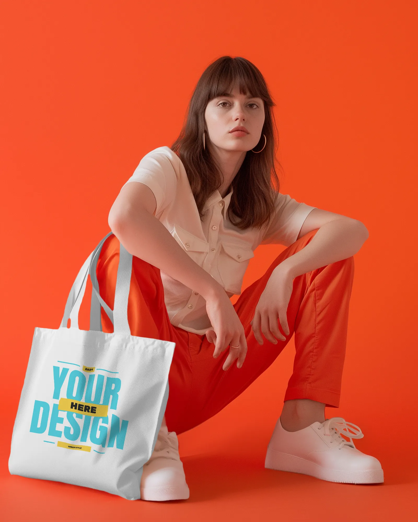 tote bag mockup photoshoot with a woman sitting on floor 