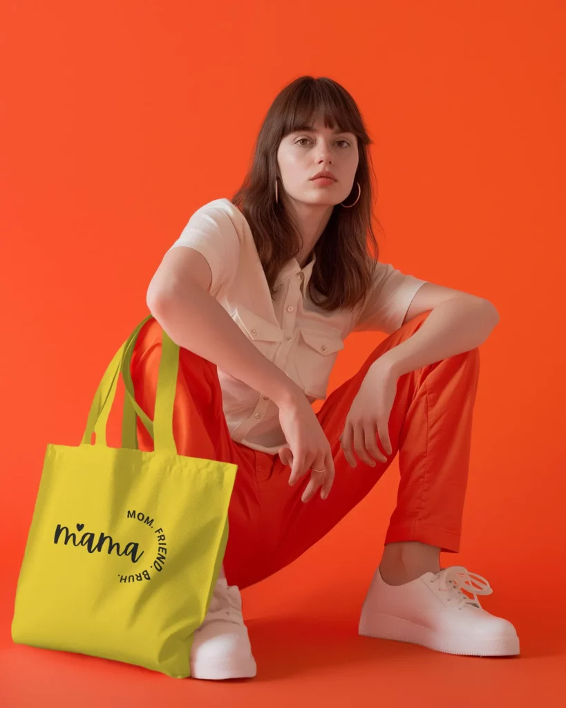 tote bag mockup photoshoot with a woman sitting on floor 
