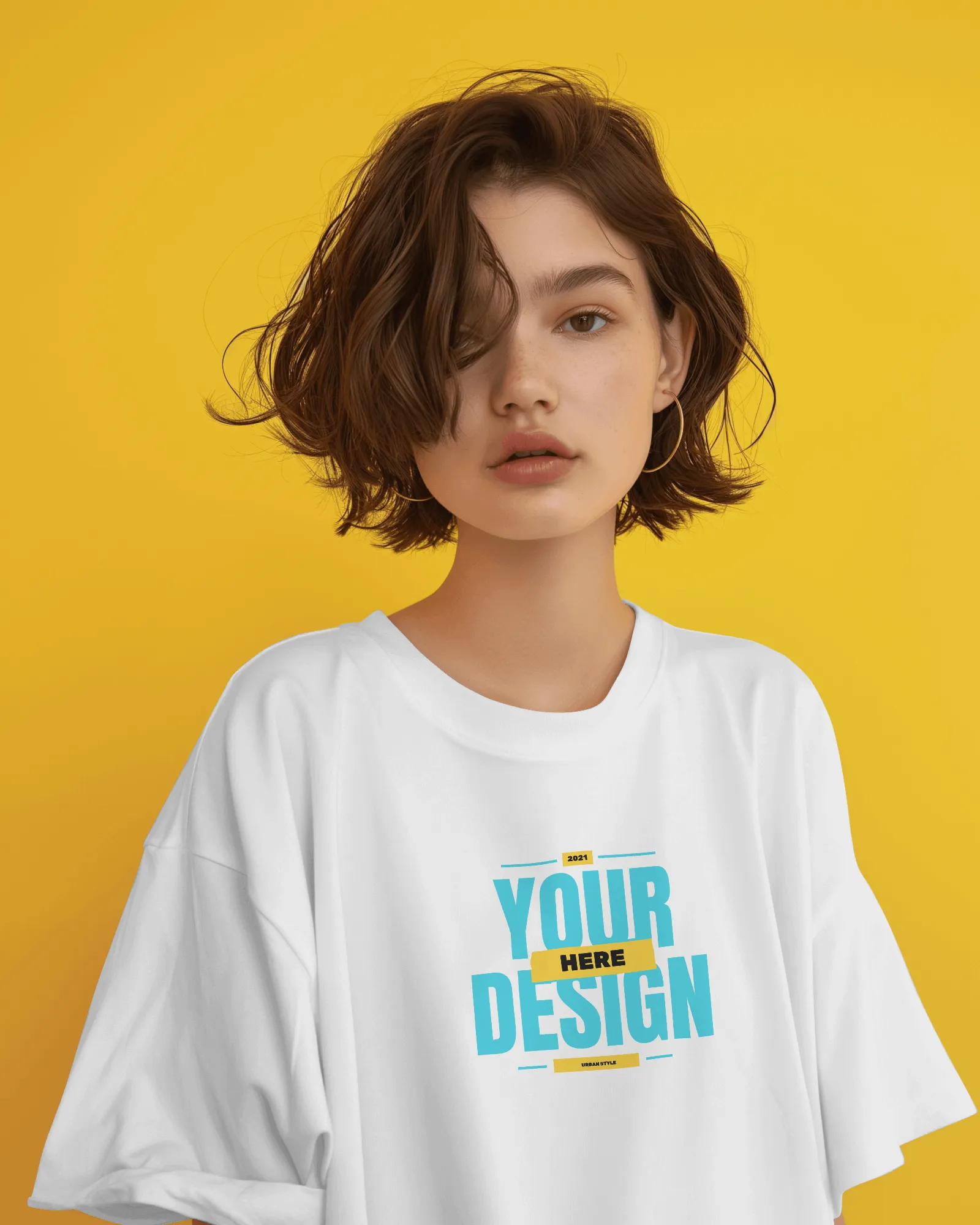 young female model with frizzy hair wearing a white tshirt mockup