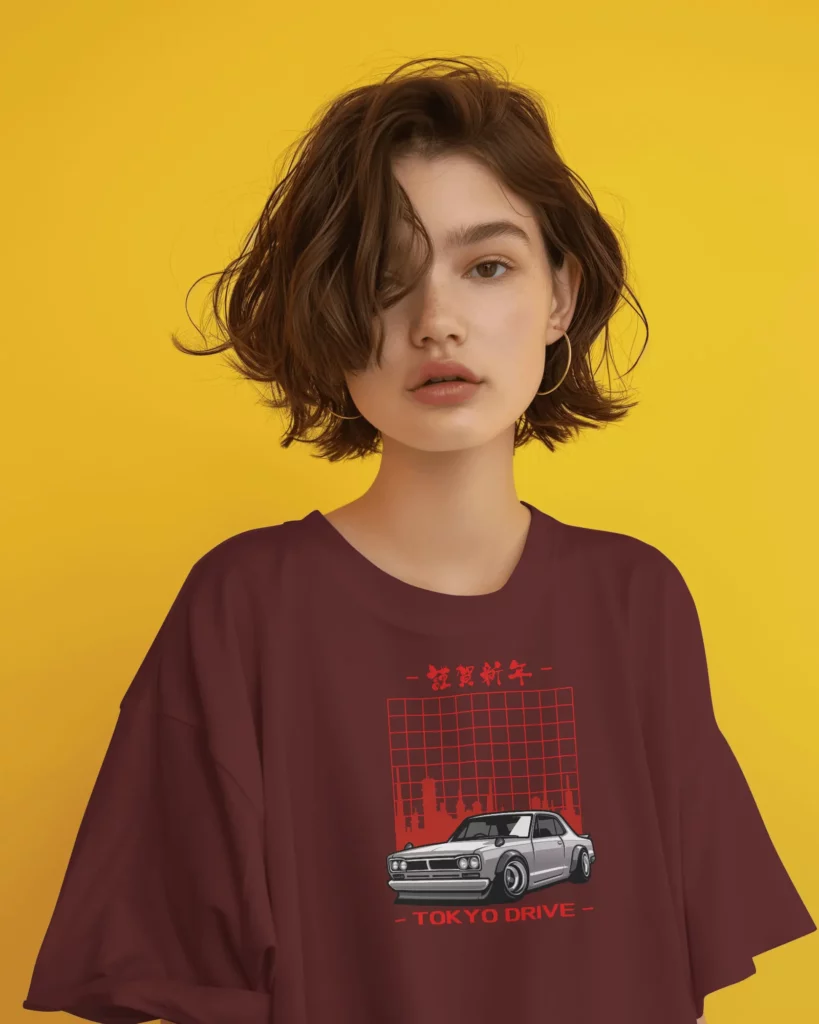 female model with frizzy hair wearing a  tshirt mockup