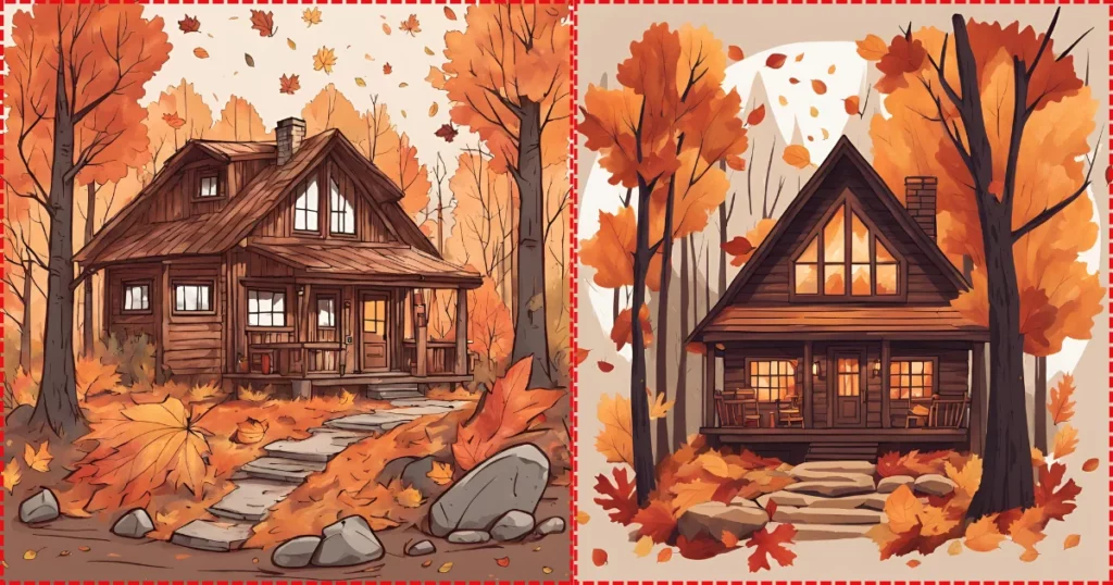 a cozy cabin in the woods with fall leaves october drawing prompt