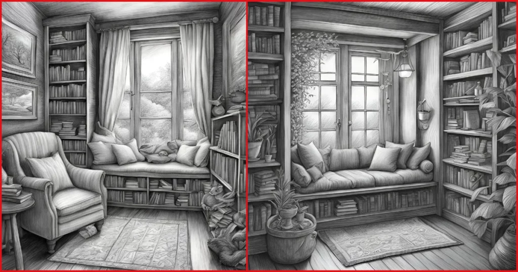 a cozy reading nook pencil drawing prompt
