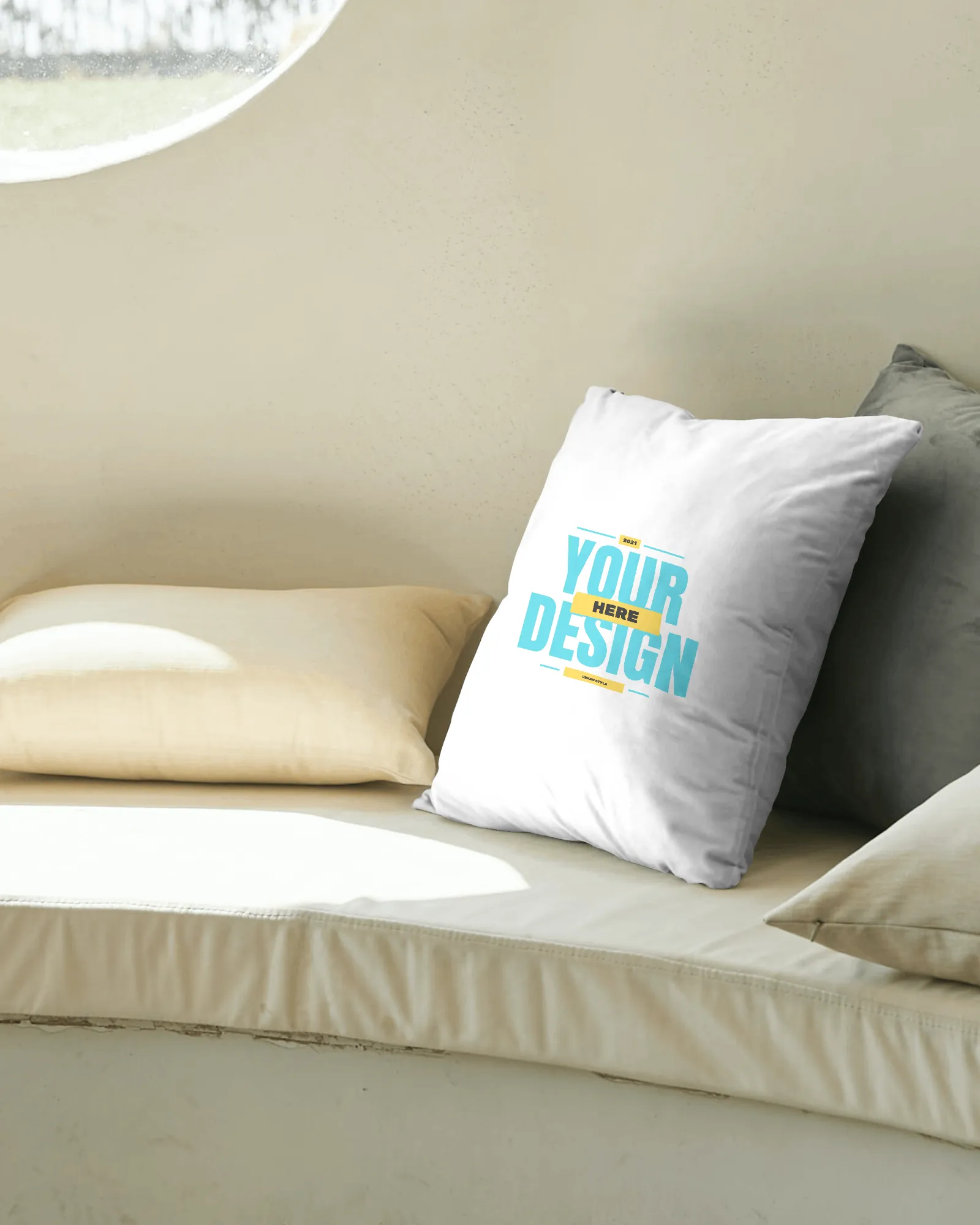 white cushion mockup stand on a bed
